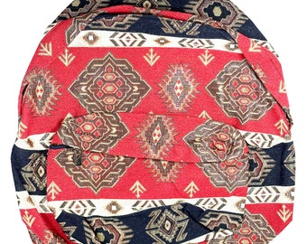 Kilim Design Sac à Dos Rouge-Bleu Foncé avec Poche Extérieure