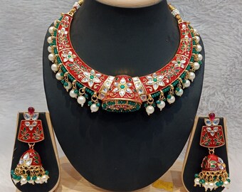 Indian Traditional Hasli Kundan Choker Necklace Earrings Rajputi Jewelry set for Women
