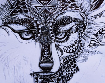 Le loup, dessin au crayon et stylo en noir et blanc format A4 déco murale maison