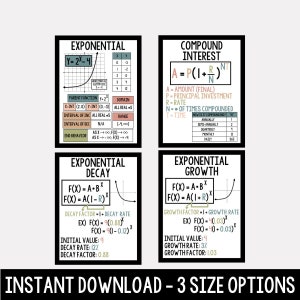 May include: Four black framed educational posters with mathematical formulas and graphs. Topics include exponential functions, compound interest, exponential decay, and exponential growth. The bottom of the image reads "INSTANT DOWNLOAD - 3 SIZE OPTIONS."