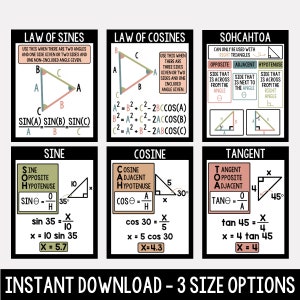May include: A set of six educational posters with mathematical formulas and diagrams, including Law of Sines, Law of Cosines, and trigonometric functions. The posters feature text and geometric shapes on a black background. The bottom of the image reads "INSTANT DOWNLOAD - 3 SIZE OPTIONS."