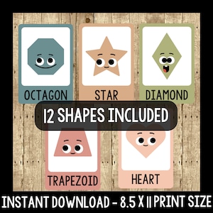 May include: A set of 12 printable flashcards featuring different shapes with cute faces. The shapes include an octagon, star, diamond, trapezium, and heart. The text "12 SHAPES INCLUDED" is printed in a banner at the top of the cards. The text "INSTANT DOWNLOAD - 8.5 X 11 PRINT SIZE" is printed at the bottom of the cards.