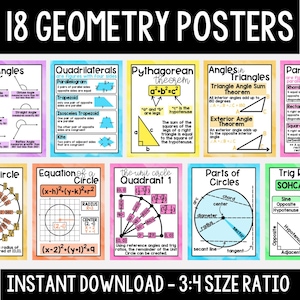 Könnte beinhalten: Ein Satz von 18 Geometrie-Postern mit verschiedenen mathematischen Konzepten, darunter Winkel, Vierecke und der Satz des Pythagoras. Die Poster zeigen Diagramme und Formeln, mit dem Text "INSTANT DOWNLOAD - 3:4 SIZE RATIO".