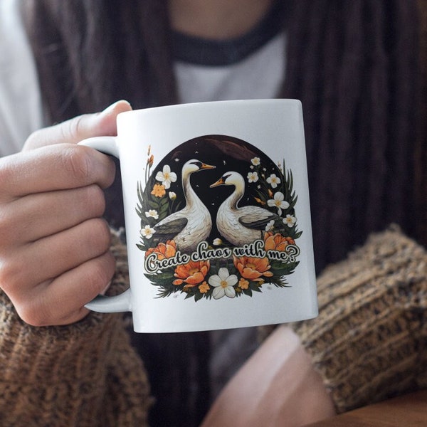 Create Chaos With Me - Dark Academia Mug | Anti-Valentine's Day, Unique Sarcastic Valentine Gift, Leftist Goose, Anarchist Geese in Love