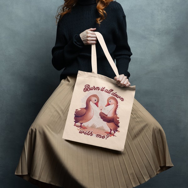 Burn It All Down With Me? Canvas Tote Bag - Anarchist Geese Design | Eco-Friendly Leftist Statement Bag | Anti-Valentine's Day Accessory