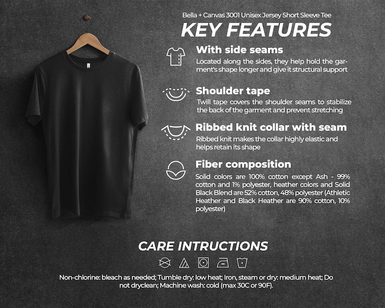 May include: A black short-sleeved t-shirt hanging on a hanger. The t-shirt has side seams, shoulder tape, and a ribbed knit collar with a seam. The t-shirt is made of 100% cotton, except for the Ash color, which is 99% cotton and 1% polyester. The care instructions include machine washing cold, tumble drying low, and ironing on a medium heat setting.