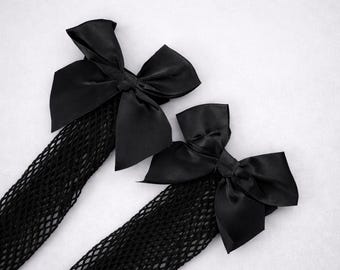 Black Fishnet Thigh High Stockings with Bow Detail