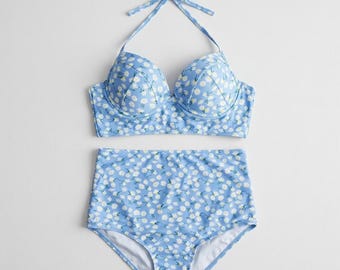 Conjunto de bikini de talle alto con estampado floral de margaritas, traje de baño de dos piezas con cuello halter y relleno.