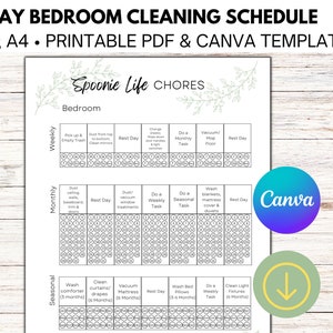 Könnte beinhalten: Eine druckbare 7-Tage-Schlafzimmer-Reinigungsplan-Vorlage. Die Vorlage enthält wöchentliche, monatliche und saisonale Aufgaben. Das Dokument ist im A4-Format und eine PDF- und Canva-Vorlage. Der Text enthält "Spoonie Life CHORES" und "Canva".