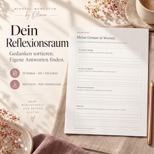 May include: A digital reflection worksheet titled 'Meine Grenze in Worten' featuring sections for requests, offers, boundaries, and responses. The document includes text in German, specifies 10 pages in A4 and US Letter sizes, and is a PDF download.