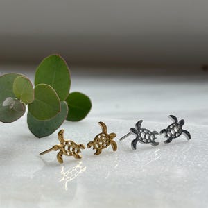 Könnte beinhalten: Zwei Paar Ohrstecker in Schildkrötenform. Ein Paar ist goldfarben, das andere silberfarben. Die Ohrringe werden auf einer weißen, marmorähnlichen Oberfläche mit grünem Laub im Hintergrund präsentiert. Die Ohrringe sind klein und zart.