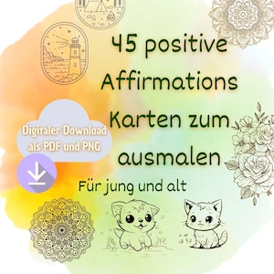 45 Tarjetas de Afirmaciones para colorear en Relajación Mandala Animales Flores para más amor propio, mindfulness para niños y adultos pdf digital