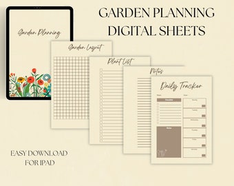 Può includere: Fogli digitali per la pianificazione del giardino con un design floreale su un iPad. I fogli includono un layout del giardino, un elenco di piante, note e un tracker giornaliero. Il testo sull'immagine dice "Garden Planning Digital Sheets".