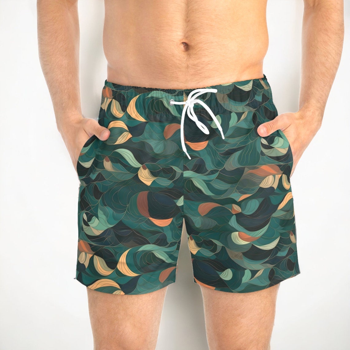 Green Anchors Water Appearing Boat Embroidered Trunks
