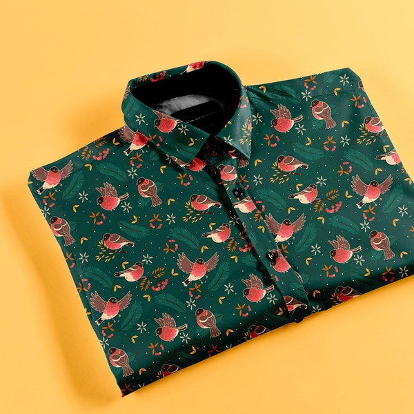 Green Bird Patterned Button Up Casual Shirt Short Sleeve Button Down Animal Print Top Autum Shirt