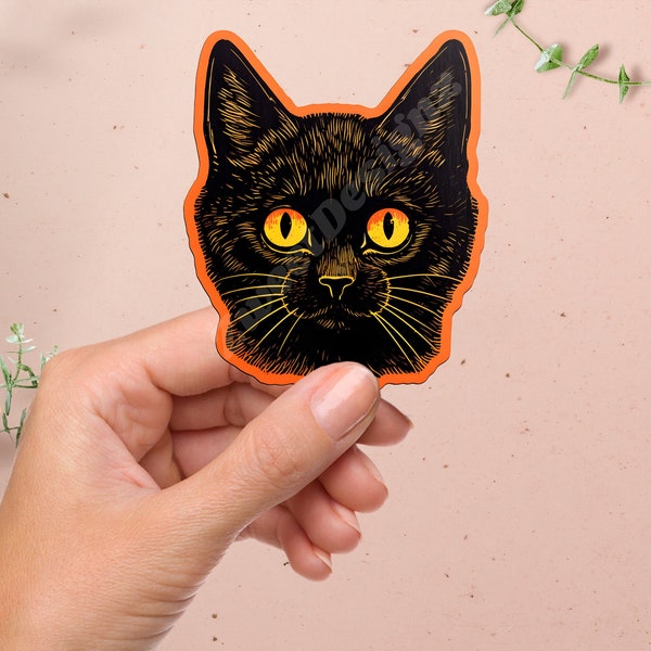 Halloween | Black Cat | Sticker | Eerie | Spooky Halloween Sticker | Gothic Eerie | Yellow Eyes | Waterproof Decal for Laptops, Water Bottle