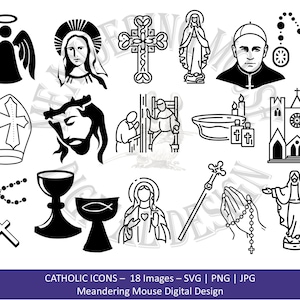 ÍCONES CATÓLICOS - carimbo digital, Jesus, Maria, papa, cruz, rosário, igreja, água benta, arquivos de corte svg, fundo transparente png e jpg
