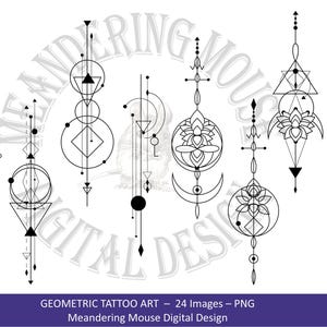 May include: A selection of black geometric tattoo designs. The designs incorporate circles, triangles, and lines, forming symmetrical and abstract patterns. The text at the bottom reads "GEOMETRIC TATTOO ART - 24 Images - PNG" and "Meandering Mouse Digital Design."