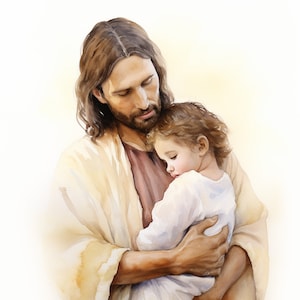 以下が含まれることがあります： 長い茶色の髪とひげを持つ人物が、白とベージュのローブを着て、白い衣服を着た子供を抱いている水彩画。背景は柔らかく明るい色です。