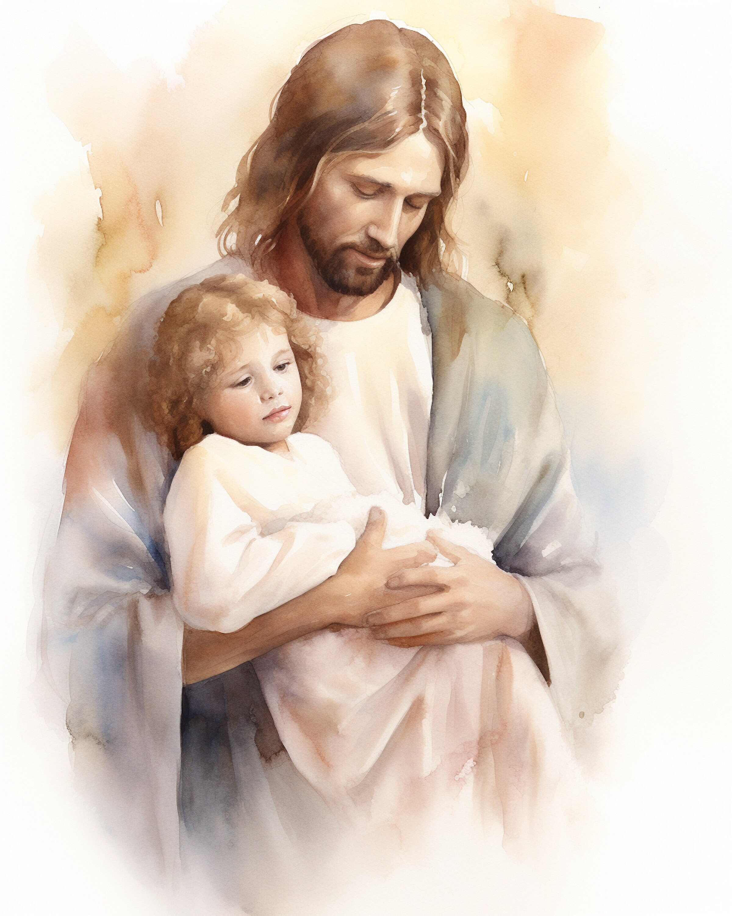JESUS CHRIST Watercolor of Jesus Holding Child, Comfort, Caring, Faith