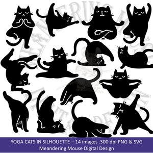Gatos de ioga em silhueta - Selos digitais, ioga para gatos, selos digitais de gatos, poses de ioga, ioga felina, alongamento, presente para amantes de gatos e ioga, svg, png