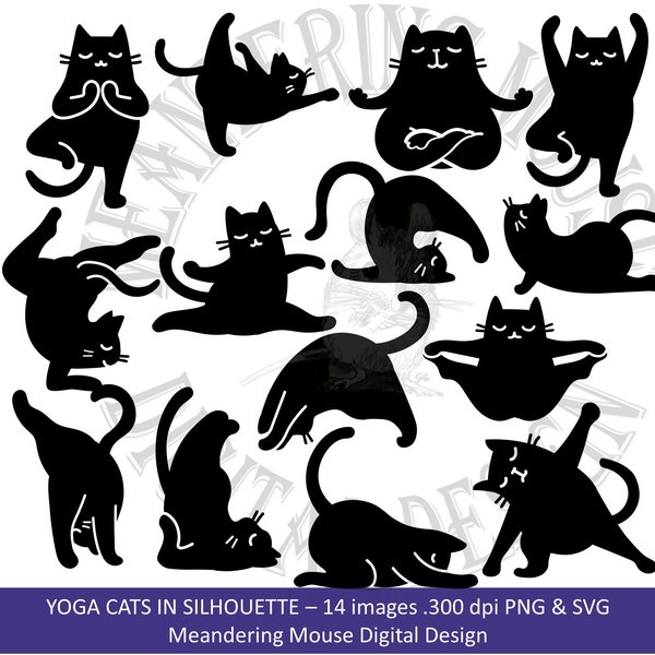 YOGA CATS in silhouette - Digital stamps, digi cat stamps, yoga poses, feline yoga, stretching, cat and yoga lovers gift, svg, png