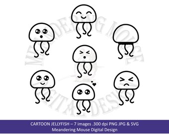 Cartoon Jellyfish Digital Stamps: Emotion Set (SVG, JPG, PNG)