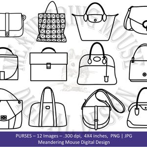May include: A set of 12 black and white line drawings of different purse styles. The purses are all drawn in a simple, minimalist style. The set includes a variety of shapes and sizes, including totes, satchels, clutches, and shoulder bags.