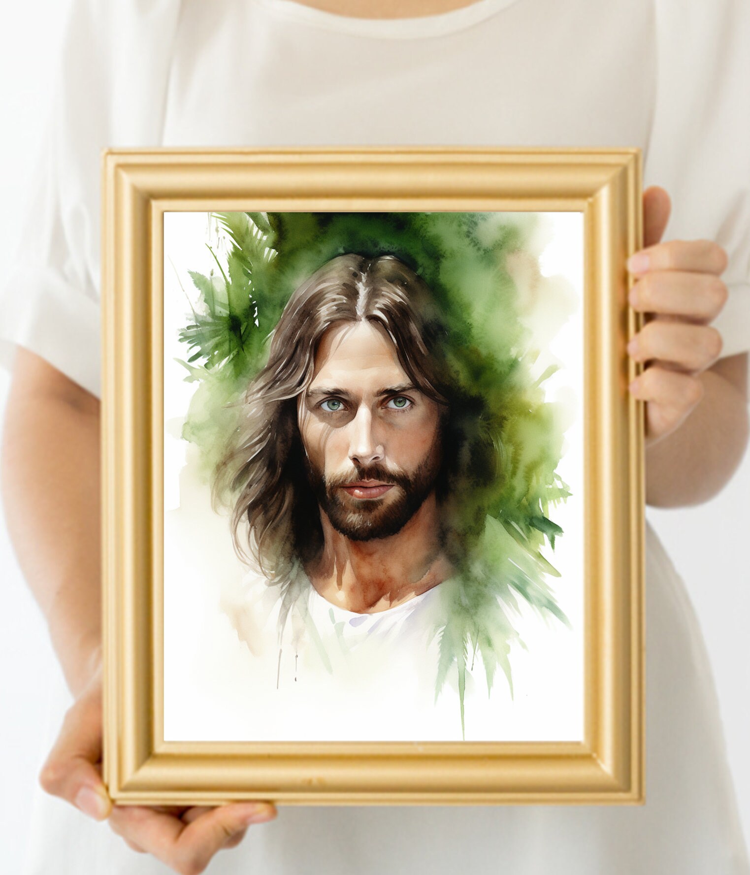 JESUS CHRIST the Face of Jesus With Palm Fronds, Watercolor Image, Christianity, Strength, Faith