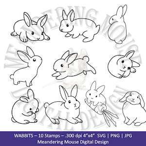 Wabbits - I mean rabbits. 10 printable digital rabbit stamps, sleeping, stretching, carrot munching, sweet rabbits, outline, svg, png, jpg