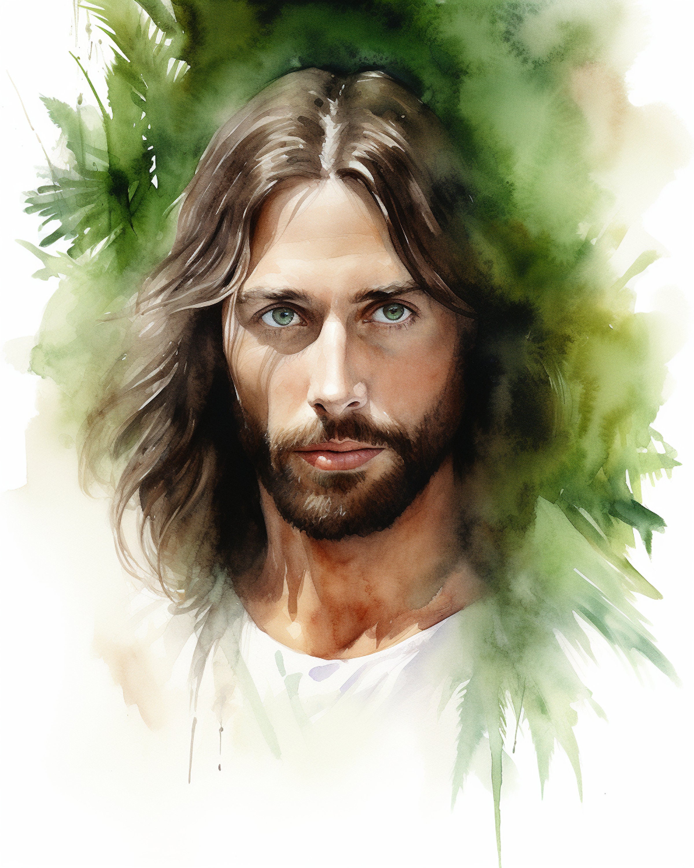 JESUS CHRIST the Face of Jesus With Palm Fronds, Watercolor Image, Christianity, Strength, Faith