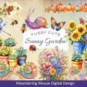 Könnte beinhalten: Aquarell-Digitaldesign mit einem sonnigen Gartenthema. Das Bild zeigt Sonnenblumen, Kürbisse, Sukkulenten, Schnecken, Bienen, eine Libelle und einen Schmetterling. Der Text "Fussy Cuts Sunny Garden" ist auf einem weißen Banner zu sehen.