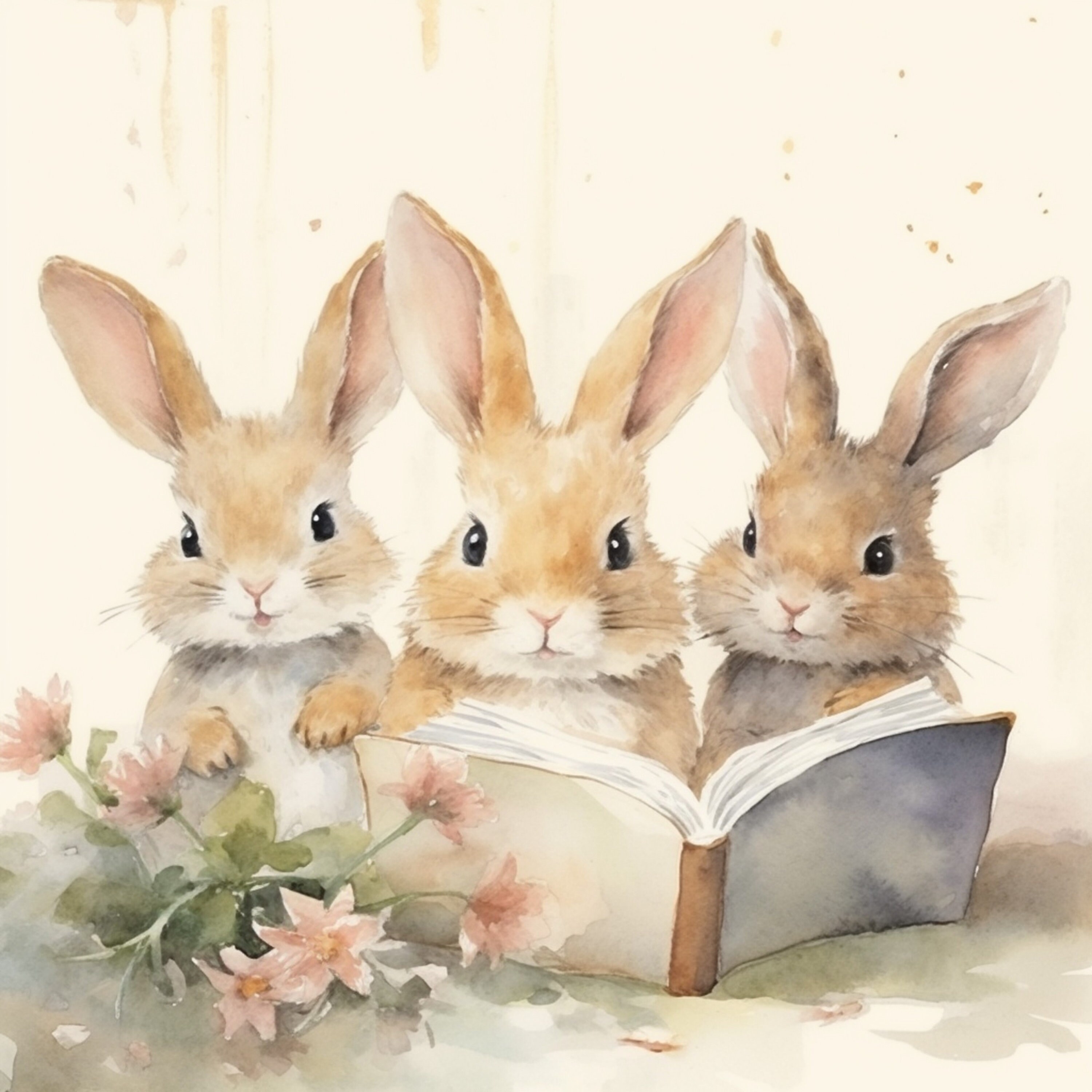 Bunnies With Book - Bunnies for Nursery, Child's Room, Reader, Pastel ...