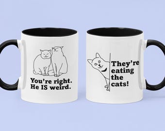 They&#39;re eating the cats! Ceramic mug (11, 15oz) Scared cat and smirking cats invite you to remember 2024. Great gift!