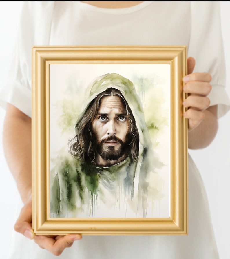 JESUS CHRIST Face of Jesus, Green Watercolor, Robes, Soft Tones