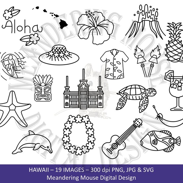 HAWAII - Digital stamp (digi outline, tiki, torch, surfer, sun, laia, hammock, cocktail, hibiscus, hawaiian islands, aloha, jpg, png, svg)