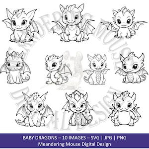 Bebés dragones: sellos digitales, arte de contorno, fabricación de tarjetas, acolchado, bordado, POD, dulces bebés dragón, png, svg, jpg, comerciales o personales.