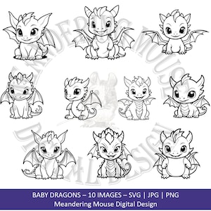 BABY DRAGONS - Digi stamp, outline art, card making, quilting, embroidery, POD, sweet dragon babies, png, svg, jpg, commercial or personal.