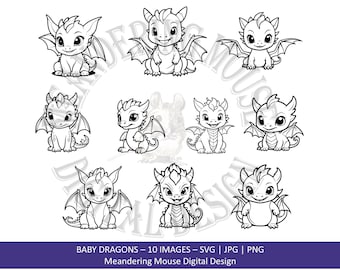 Baby Drachen Digi Stamps - 10 Umrisse, PNG SVG JPG (Digitaler Download)