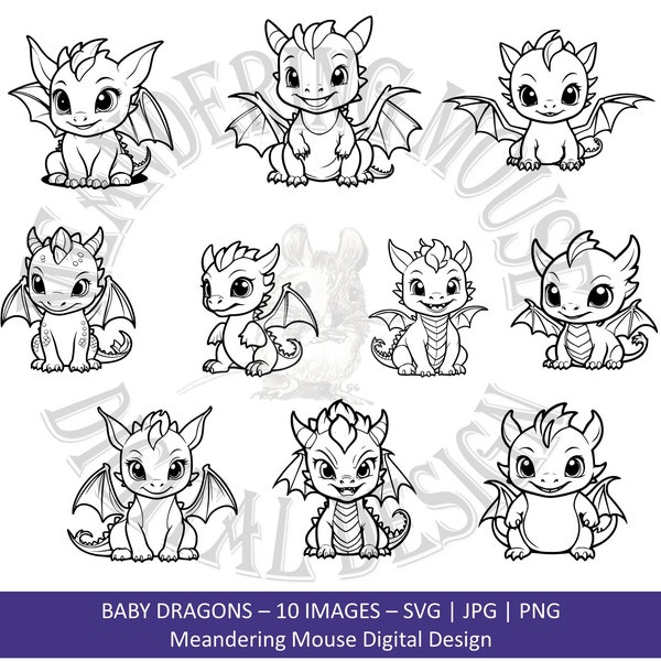 BABY DRAGONS - Digi stamp, outline art, card making, quilting, embroidery, POD, sweet dragon babies, png, svg, jpg, commercial or personal.