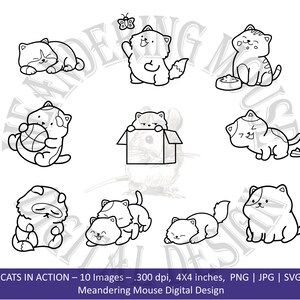 May include: A set of 10 black and white line drawings of cats in various poses. The cats are depicted playing with a ball, sleeping, looking at a butterfly, sitting in a box, and more. The images are 300 dpi and 4x4 inches.