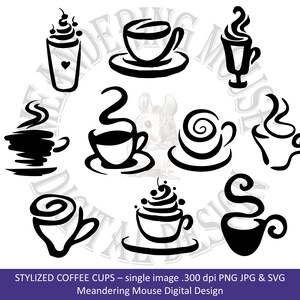 Op de afbeelding: Een set van tien gestileerde zwart-wit illustraties van koffiebekers. De illustraties zijn in een cirkelvormige opstelling en tonen verschillende stijlen koffiebekers, waaronder mokken, to-go bekers en latte art.