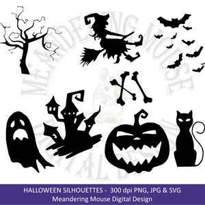 Halloween Silhouettes: Witch, Ghost, Haunted House (Digital Stamps)