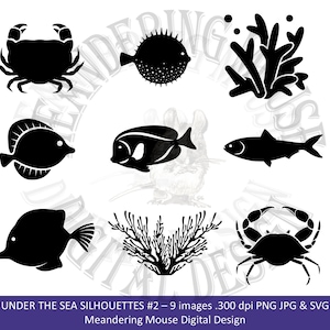 UNDER THE SEA #2 - Silhouettes (coral, crab, fish, svg, jpg, png) *See more in the same style at Under the Sea Silhouettes