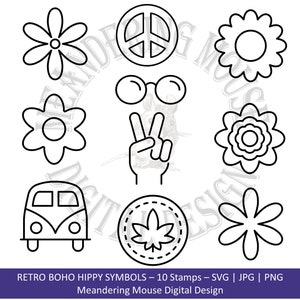 RETRO HIPPY - Bloemen, VW busje, wietpatch, bril, iconische boho, retro afbeeldingen, svg gesneden bestanden, jpg en png (transparant) commercieel gebruik.