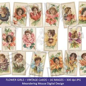 Flower Girls - vintage floral, cartes de visite indésirable, journalisation, plantes, téléchargement numérique, feuille de collage, papier imprimable, étiquettes, scrapbooking,