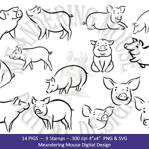 PIGS - 14 digitale Stempel Schweine, Schweinchen, Ferkel, Schwein, Konturen, svg und png für den persönlichen oder kommerziellen Gebrauch.