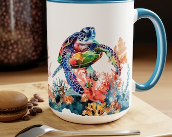 Sea Turtles - Creatures of the Sea. Gorgeous Two-Tone Coffee Mug with vivid watercolor image, 15oz