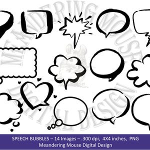 BOLHAS DE DISCURSO - 14 balões de fala de carimbo digital, vários formatos, bolhas, retângulos, desenhados à mão, contornos, png, uso pessoal ou comercial.