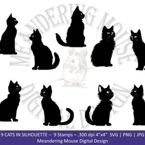 9 chats - Silhouette de chats numériques, expressions merveilleuses, parfaits pour les cartes, courtepointe, t-shirts, svg, png et jpg, usage commercial ok.